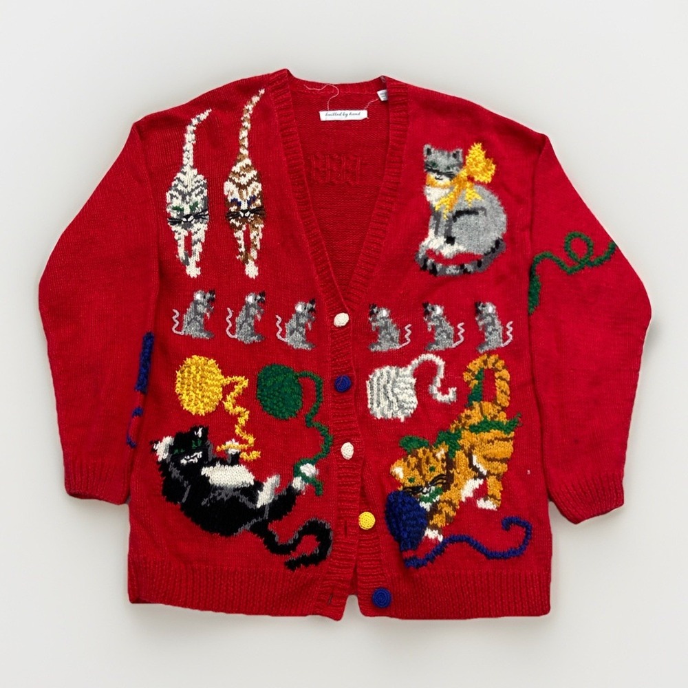 Vintage Cardigan Womens L Cotton Knit Sweater Grandmacore Kittens Cats 90s